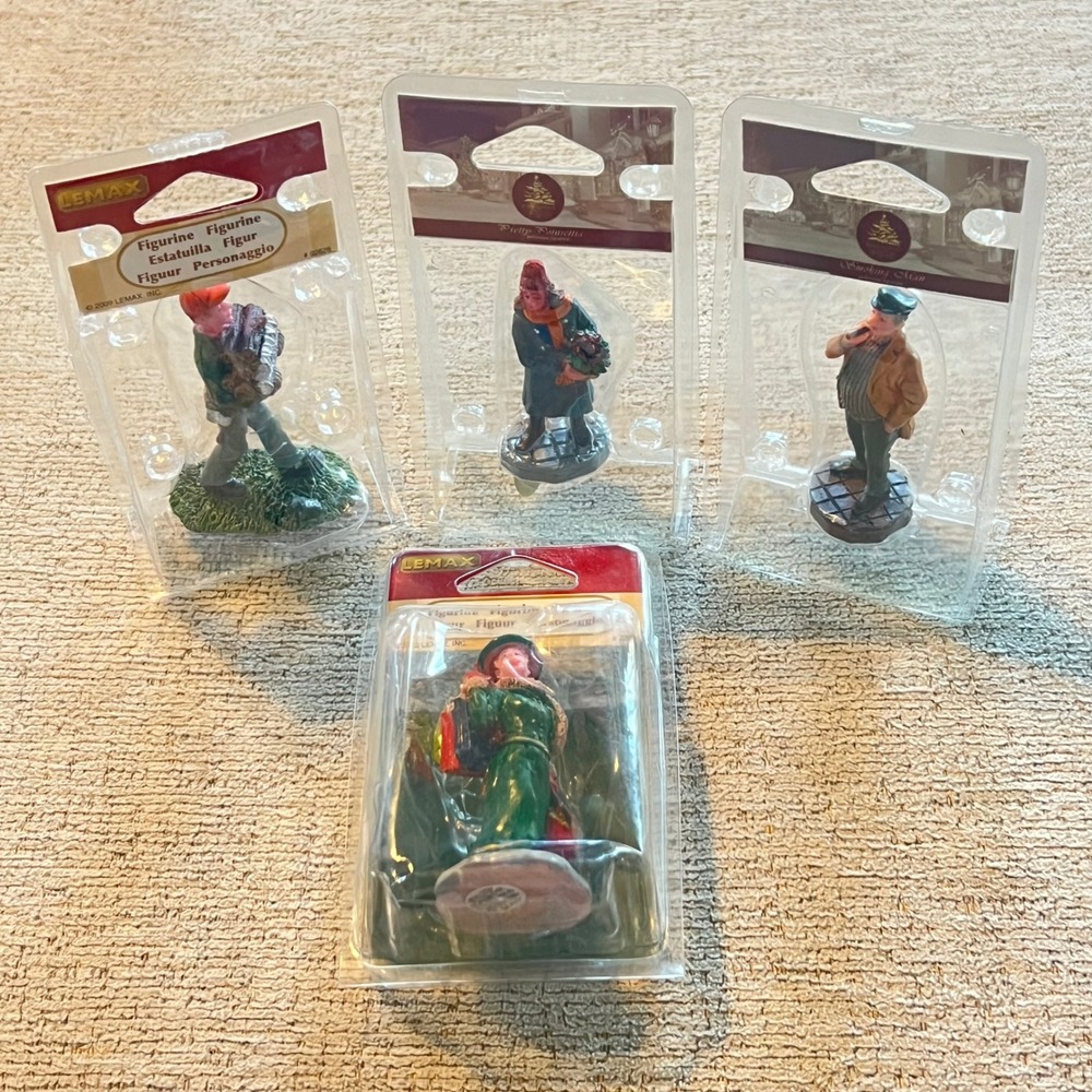 Vtg Lemax Christmas Village Figurines Lot of 4 Smoking Man Pretty Poinsettia NIP